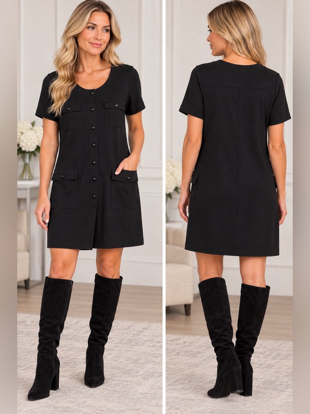 Talbots Black Short-Sleeve Button-Front Mini Dress